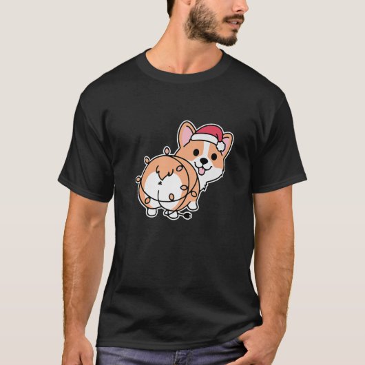 コーギクリスマスライトパジャマかわいい犬の子犬の恋人 Tシャツ (正面)