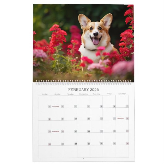 コーギスと花の犬の恋人 カレンダー (2月 2026)