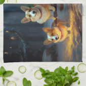 コーギスノーイスレクリスマスデコール キッチンタオル (折り畳み)