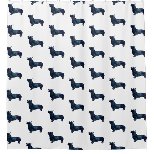 コーギドッグは黒い水色のシルエットを育成 シャワーカーテン (正面)