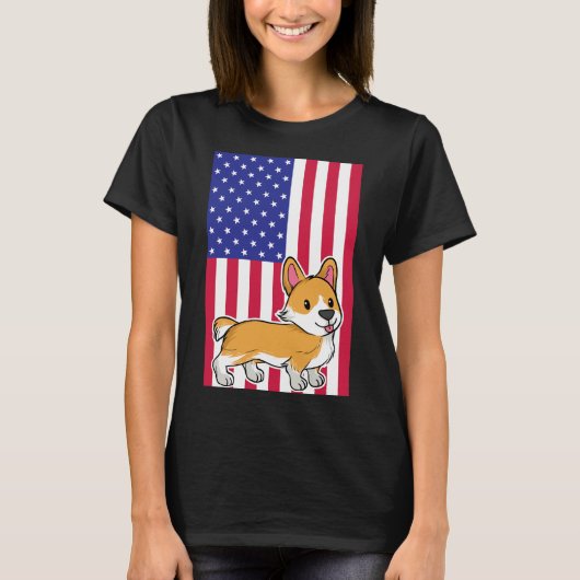 コーギドッグアメリカ国旗 Tシャツ (正面)