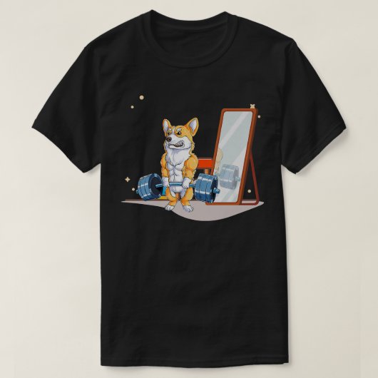 コーギドッグウエイトリフティングデッドリフト男性フィットネスジム–4 Tシャツ (デザイン正面)