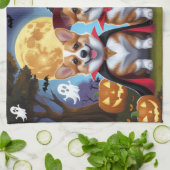 コーギドッグスパンプキンハロウィンおもしろい キッチンタオル (折り畳み)
