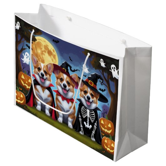 コーギドッグスパンプキンハロウィンおもしろい ラージペーパーバッグ (正面アングル)