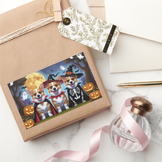 コーギドッグスパンプキンハロウィンおもしろい 長方形シール (ギフト)