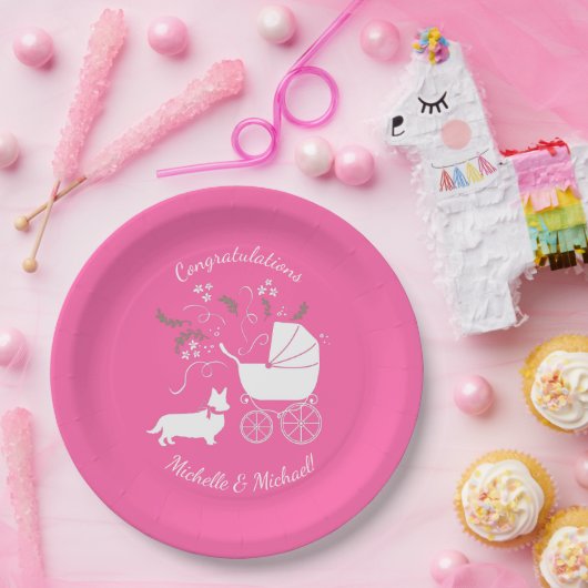 コーギドッグベビーシャワーパピーグレーウェルシュピンクガール ペーパープレート (パーティー)