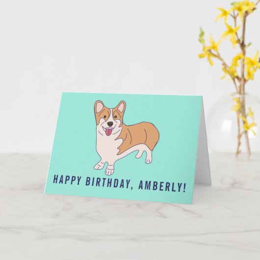 コーギドッパーソナライズされたグミントグリーン誕生日 カード (黄色い花)