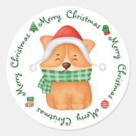 コーギパピーサンタドッグかわいいフェスティバルメリークリスマス ラウンドシール