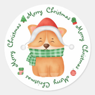 コーギパピーサンタドッグかわいいフェスティバルメリークリスマス ラウンドシール
