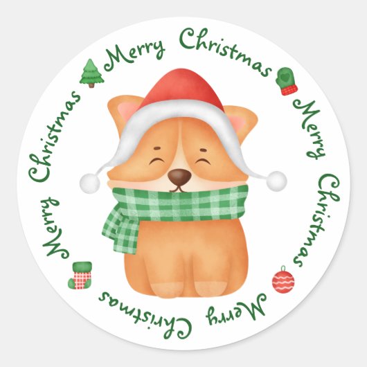 コーギパピーサンタドッグかわいいフェスティバルメリークリスマス ラウンドシール (正面)