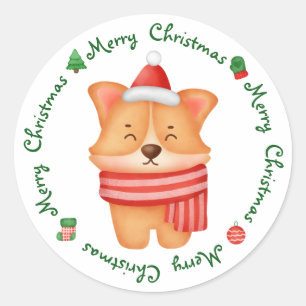 コーギパピードッグかわいいフェスティバルサンタメリークリスマス ラウンドシール
