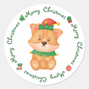 コーギパピードッグかわいい小妖精や小人フェスティバルメリークリスマス ラウンドシール