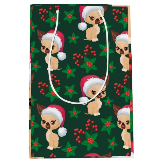 コーギパピードッグ小妖精や小人サンタフェスティバルメリークリスマス ミディアムペーパーバッグ (正面)