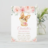 コーギパピードッグ赤面ピンクフローラガール誕生日 招待状 (スタンド正面)