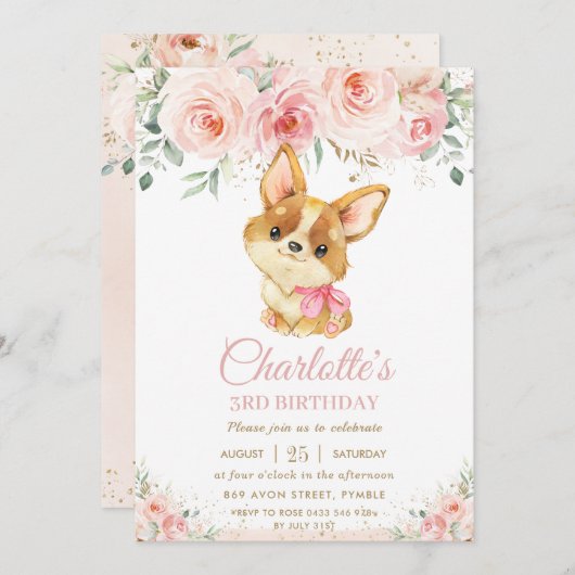コーギパピードッグ赤面ピンクフローラガール誕生日 招待状 (正面/裏面)