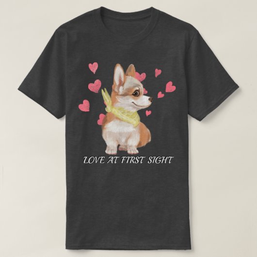 コーギパピーラブアットファーストサイト水彩ハートDe Tシャツ (デザイン正面)