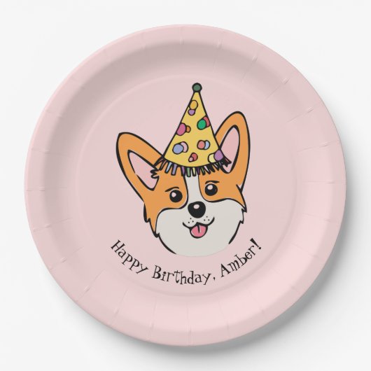 コーギパーソナライズされたテーマガールズ誕生日 ペーパープレート (正面)