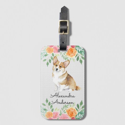 コーギパーソナライズされた子犬の水カラーフローラ ラゲッジタグ (正面縦)