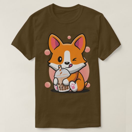 コーギボバ茶おもしろい子犬の飲みバブル茶犬 Tシャツ (デザイン正面)