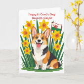 コーギーがダッフォディルに囲まれてウェールズを応援 カード (黄色い花)