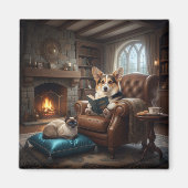コーギーが猫に読み聞かせ マグネット (正面)