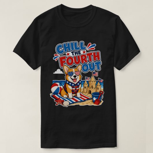 コーギーでリラックスした独立記念日を Tシャツ (デザイン正面)