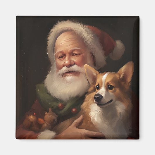 コーギーとサンタクロースのクリスマス マグネット (正面)