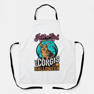 コーギーとハロウィンの女の子 ビンテージ風彫刻Tシャツ エプロン