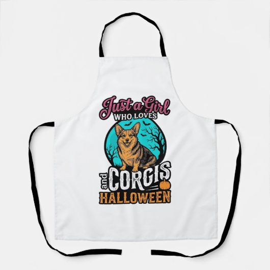 コーギーとハロウィンの女の子 ビンテージ風彫刻Tシャツ  エプロン (正面)