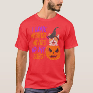 コーギーとホラー映画が大好きな人へ　ハロウィンにぴったりな面白いデザイン Tシャツ