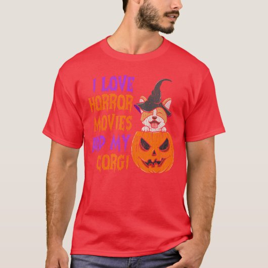 コーギーとホラー映画が大好きな人へ　ハロウィンにぴったりな面白いデザイン Tシャツ (正面)