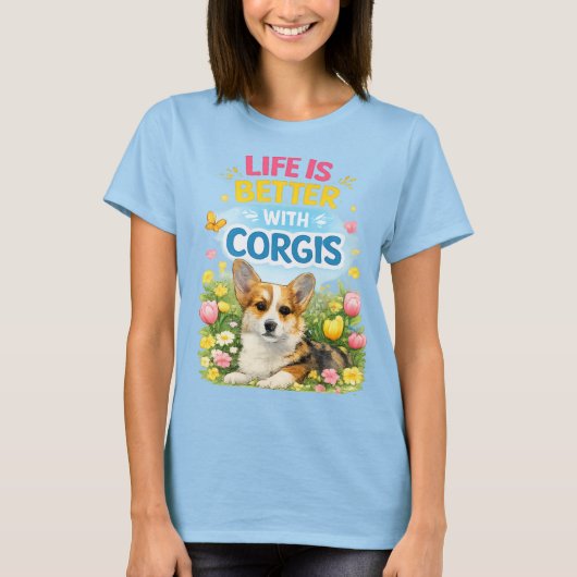 コーギーと一緒が最高！かわいい春のコーギーデザイン Tシャツ (正面)