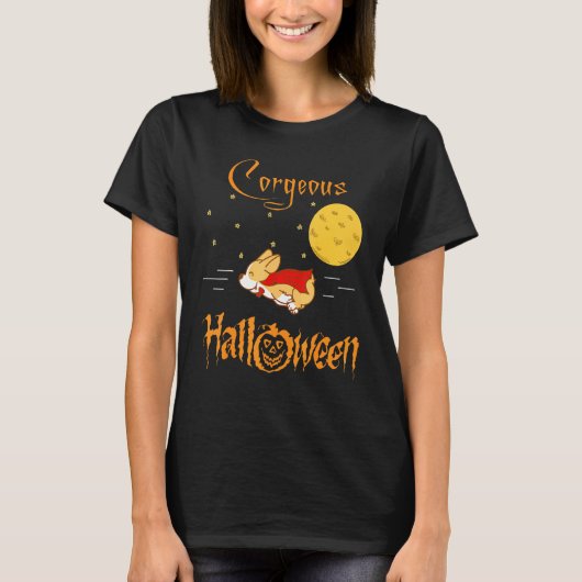 コーギーと空飛ぶ吸血鬼犬のハロウィン Tシャツ (正面)