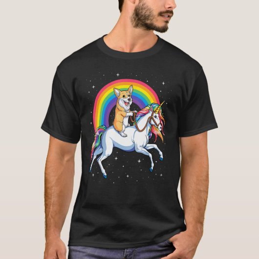 コーギーに乗るユニコーン 女の子 子供 レインボー ギフト 宇宙 Tシャツ (正面)