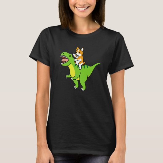 コーギーに乗るレックス恐竜犬 Tシャツ (正面)