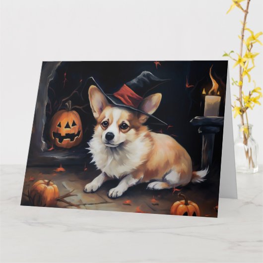 コーギーのカボチャ ハロウィン おばけ カード (黄色い花)