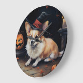 コーギーのカボチャ ハロウィン おばけ ラージ壁時計 (傾斜)