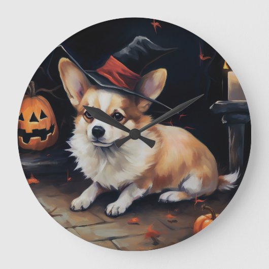 コーギーのカボチャ ハロウィン おばけ ラージ壁時計 (正面)