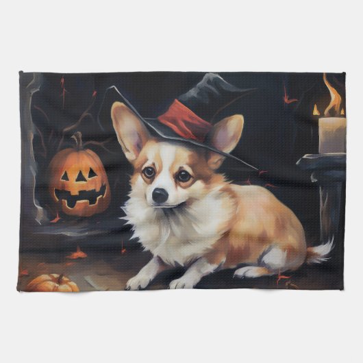 コーギーのカボチャ ハロウィーン おばけ キッチンタオル (横)