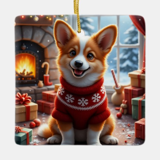 コーギーのクリスマスアート セラミックオーナメント (正面)