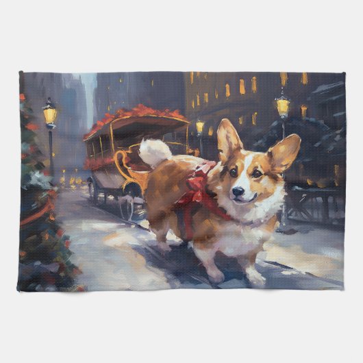 コーギーのクリスマスフェスティブシーズン キッチンタオル (横)