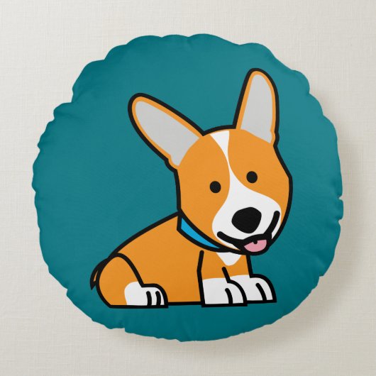 コーギーのコーギーは子犬の小犬の幸せなペンブロークウェールズの後をつけます ラウンドクッション (正面)