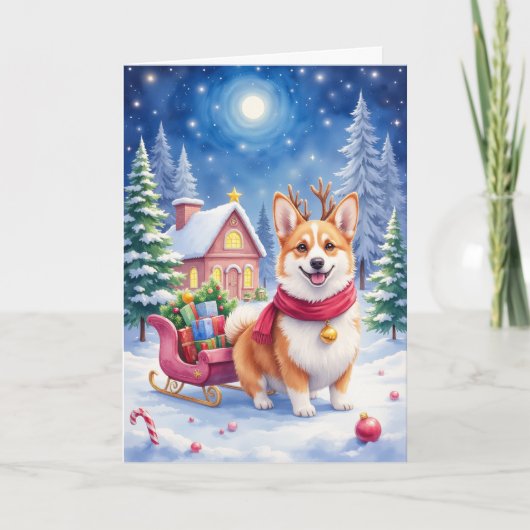 コーギーのサンタのトナカイ クリスマス ホリデー 犬 カード (正面)