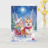 コーギーのサンタのトナカイ クリスマス ホリデー 犬 カード (黄色い花)