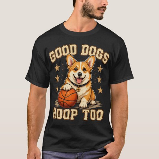コーギーのバスケットボール カートゥーン 犬のデザイン Tシャツ (正面)