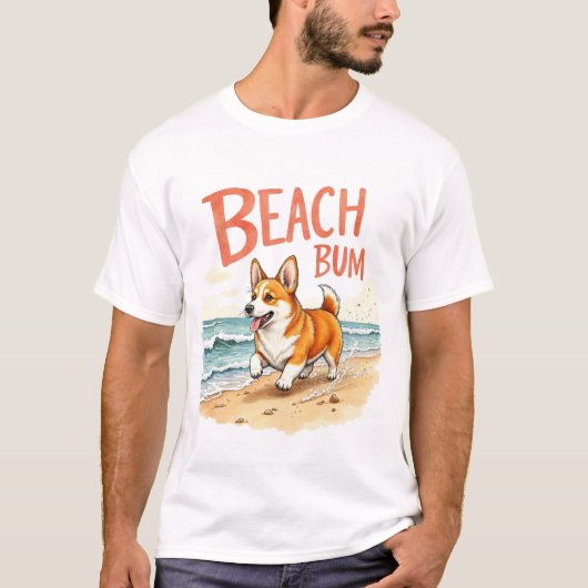コーギーのビーチ好き大胆デザイン Tシャツ (正面)