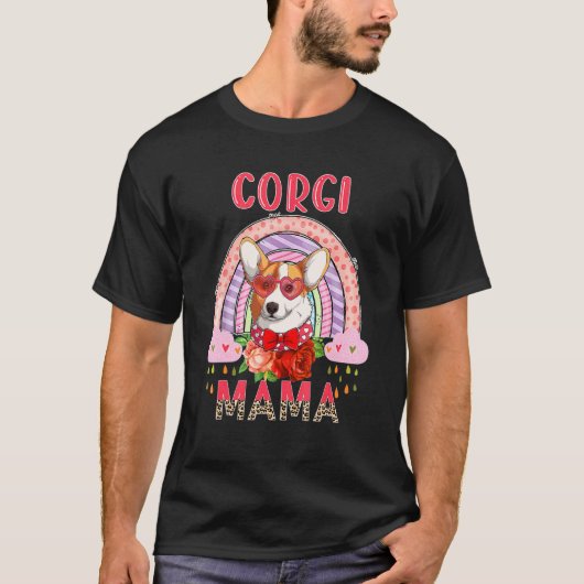 コーギーのママ かわいい 虹 雨の日の犬 花 母の日 Tシャツ (正面)