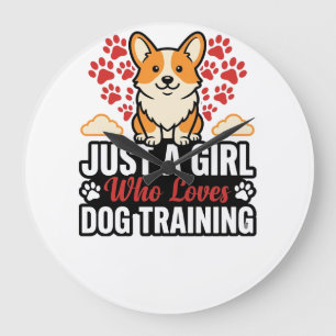 コーギーのヴィンテージベクターTシャツデザインの犬のトレーニングガール ラージ壁時計