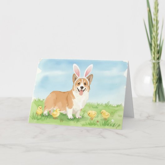 コーギーの子犬 イースター スプリング ウォーターカラー シーズンカード (正面)