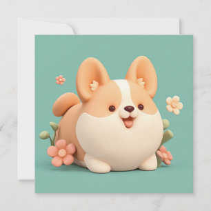 コーギーの子犬 3D クレイ風 花畑 ポストカード